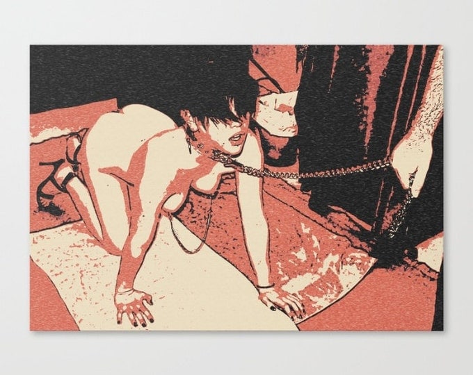 Erotic Art Canvas Print - Master and his pet, unique sexy conte style drawing, perfect slave girl BDSM sketch, sensual high quality artwork
