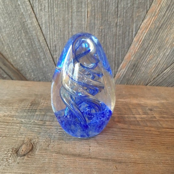 Glass Paperweight Tall Blue Swirl Egg Shaped Vintage Paper