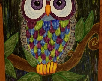 Items similar to Fine Art Mixed Media Owl Whimsical Green Blue White ...