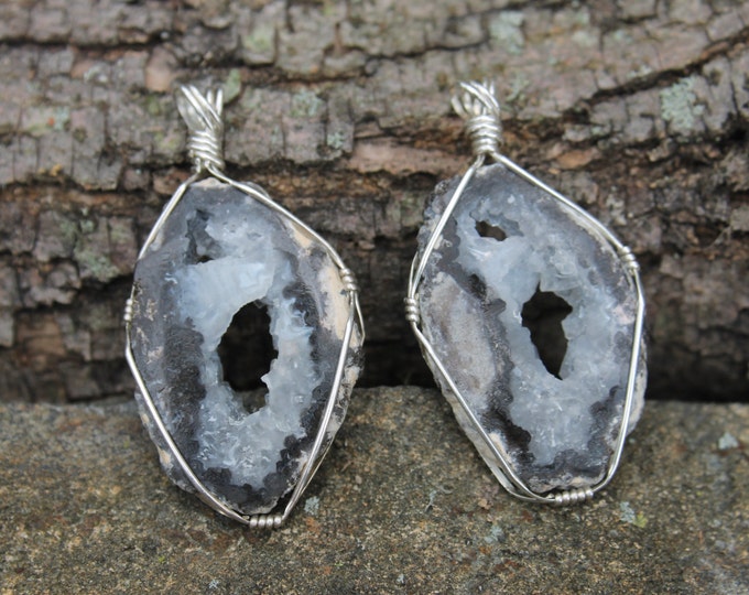 Sliced Druzy Geode with Sterling Silver Wire Wrap Pendant; Hand Cut and Polished Large Natural Stone Necklace, Earthy BoHo Hippie Jewelry