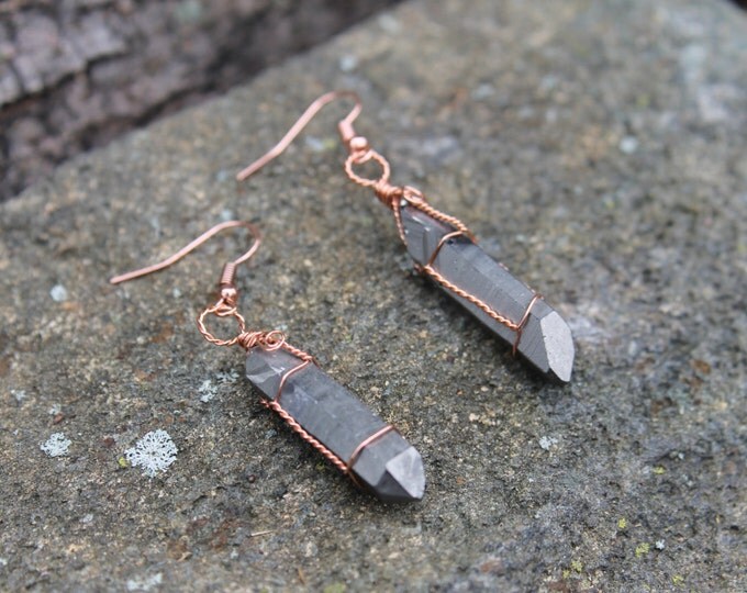 Metallic Coated Crystal Tip Earrings Wire Wrapped in Twisted Copper, Silver Color Jewelry, Dangle and Drop Earrings, Handmade Gift for Her
