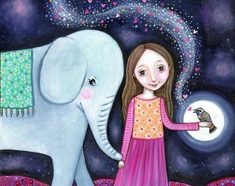 Elephant and Girl Wall Art Print Nightingale Folk Art Painting Art for Kids Nursery Children's Art Girl's Wall Decor Whimsical folk picture