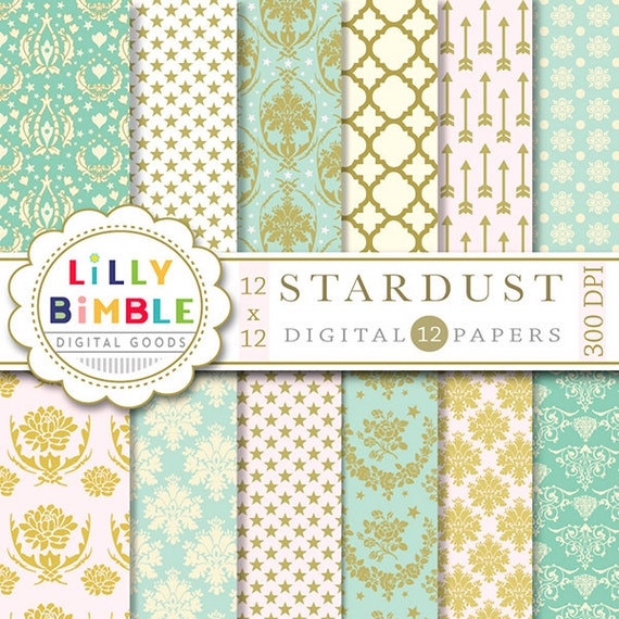 40% off Elegant digital paper with stars, damask, arrows, quatrefoil, pink, turquoise, mint and gold, scrapbook, Instant DOWNLOAD Il_570xn