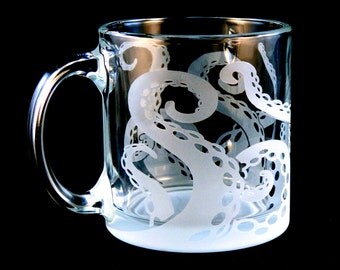 Octopus Coffee Mug - Etched Glassware - Cthulhu - Squid - Kraken - Cephalopod - Tentacles Coffee Mug - Custom Glassware - Made to Order