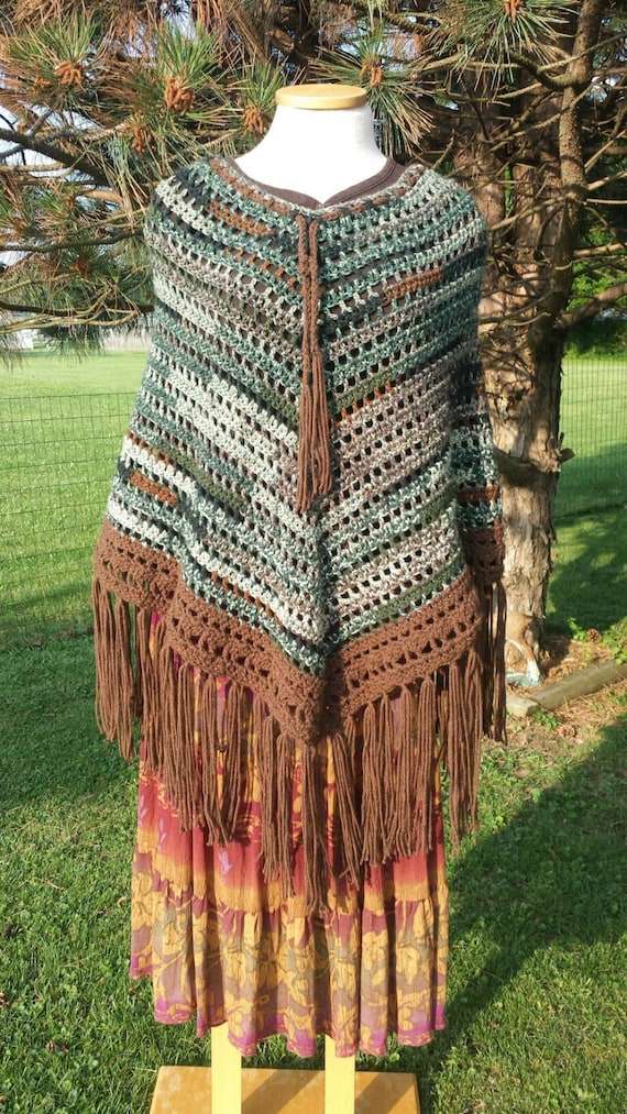 Items similar to Crochet Poncho Hippie Boho with Fringe for Teen or ...