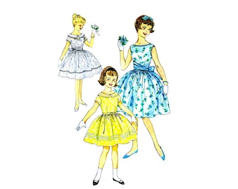1960s Girls Full Skirt Dress Simplicity 3413 Vintage Sewing Pattern Size 10 Breast 28 UNCUT