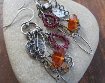 Orange Amber Long Silver earrings BOHO silver jewelry silver Charm Earrings Dangling Gemstone earrings wire wrapped Earrings