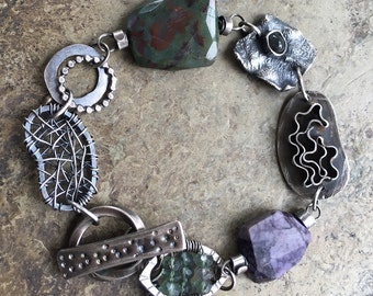 Chunky Silver Charm Bracelet Purple Gemstone Bracelet Boho Silver Jewelry Charm Bracelet Rustic Silver Jewelry Small Green Purple Bracelet