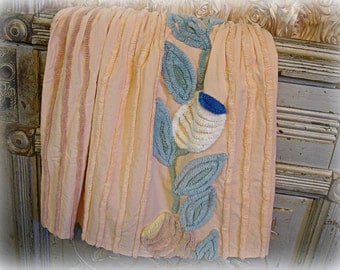 vintage peach chenille fabric 50" x 18" shades of peach chenille stripes with floral