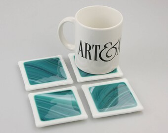 Teal and Blue Fused Glass Coasterss , Home Decor Housewares Set of 4 Fused Glass Art Hostess Gift Home Decor, GetGlassy