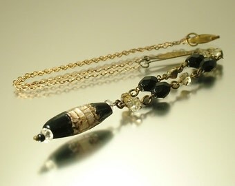 Vintage/ antique/ estate Art Deco 1930s brass, black crystal, paste and foiled glass costume lavalier necklace - jewellery / jewelry