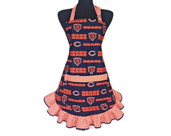 Chicago Bears Apron for Women, Navy Blue and Orange, Retro Style Ruffle with pocket. Fully adjustable, Football kitchen decor