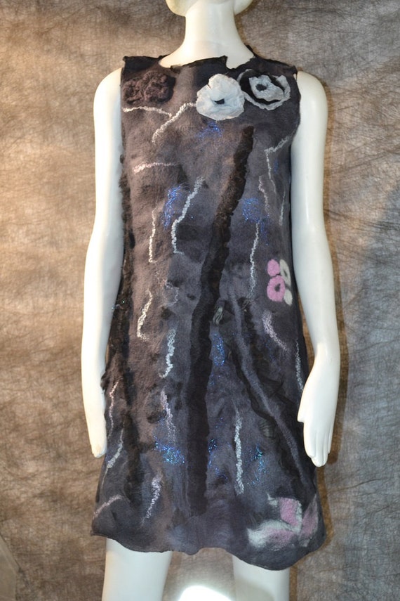 Felted silk wool dress black and grey embellished by MariaCsury