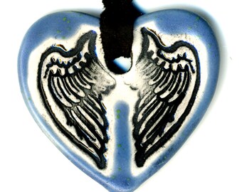 Tiny Cloaked Wing Heart Ceramic Necklace in Blue