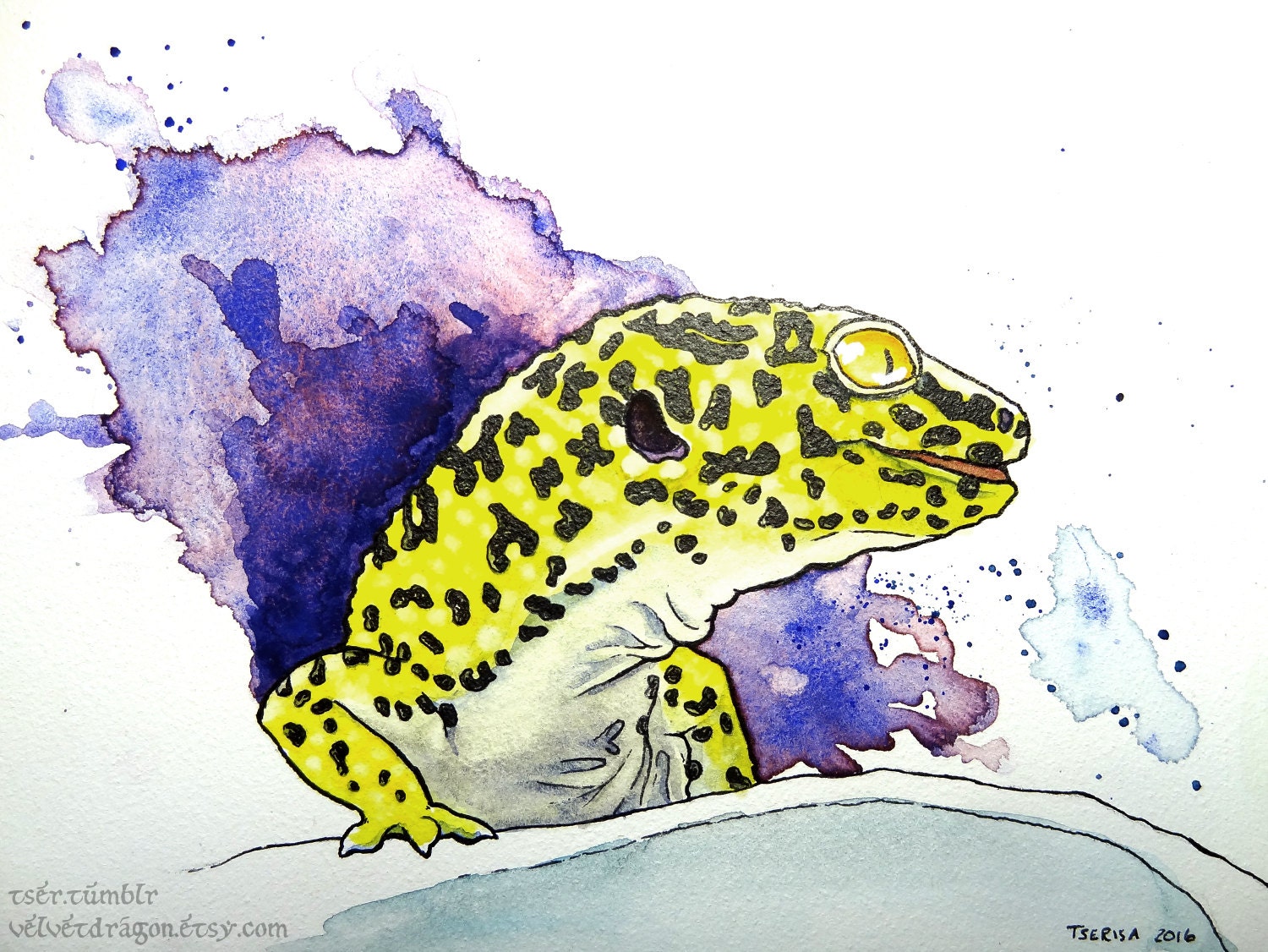 Leopard Gecko Original Art OOK Ink and Watercolor by VelvetDragon