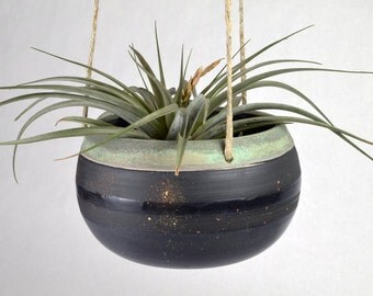 Handmade Ceramic Hanging Planter // Indoor Hanging Planter // Ceramic Plant Pot // Black Galaxy Planter //