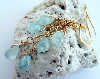 Handcrafted Artisan Aquamarine 14kt Gold Fill Wire Wrapped OOAK Bohemian Hippie Gift for Her March Birthstone Long Dangle Earrings