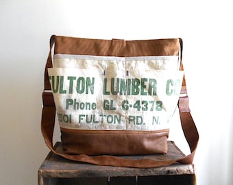 SALE Lumber apron canvas, leather tote, carryall bag - Fulton Lumber Co. Canton Ohio - eco vintage fabrics