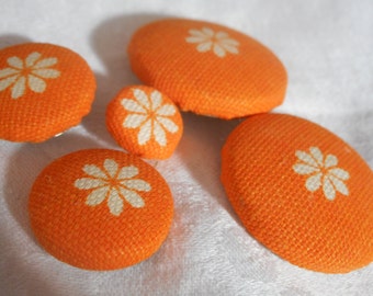 Set of 5 VINTAGE White Flower on Bright Orange Fabric BUTTONS