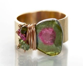 Watermelon Tourmaline Ring, Tourmaline Slice Ring - Gold Filled
