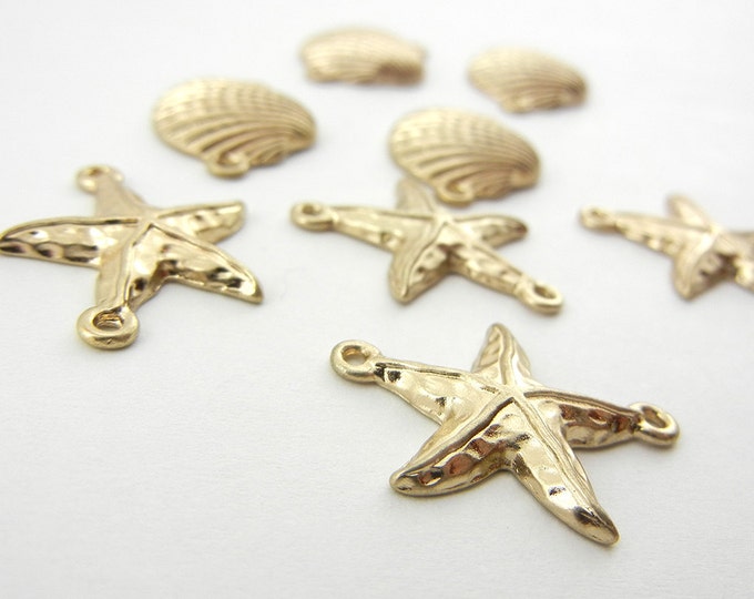 9 Small Marine Shell and Starfish Charms Double Link Gold-tone