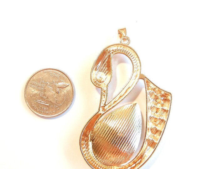 Large Gold-tone Swan Pendant with Rhinestones and Clear Acrylic Faceted Gem