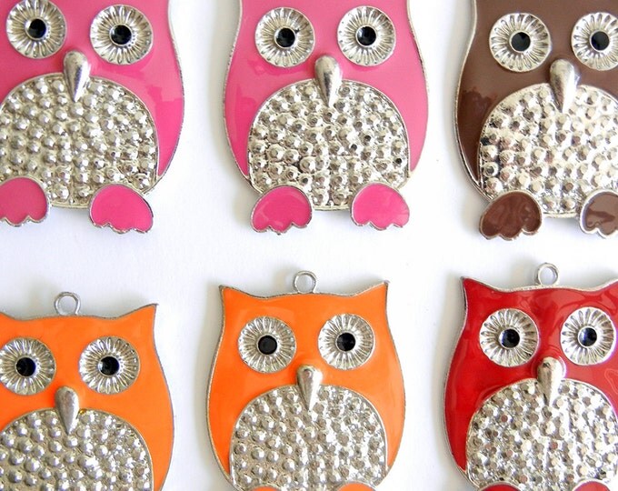 6 Silver-tone Pink, Brown, Orange and Red Epoxy Owl Charm Pendants