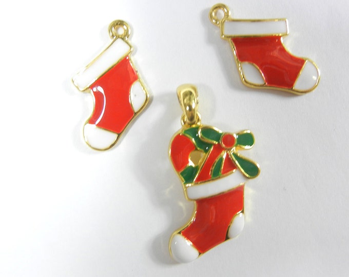 Set of Red Christmas Stocking Pendant and Charms Gold-tone