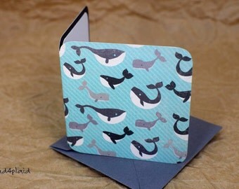 Blank Mini Card Set of 10, Cute Whale Design with Contrasting Pattern on the Inside, Gray Envelopes, mad4plaid