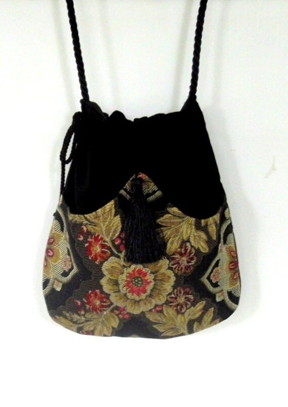 Tapestry Pocket Bag Black Velvet Bag With Tassel