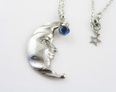 Large Crescent Moon Necklace with Blue Crystal, Silver Moon Pendant Necklace, Body Chain, Silver Moon Jewelry, Silver Moon Pendant, N1480