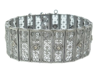Antique Art Deco Filigree Bracelet, 1920s Wide Filigree Cuff, MJCO Designer Fine Vintage Wedding Jewelry