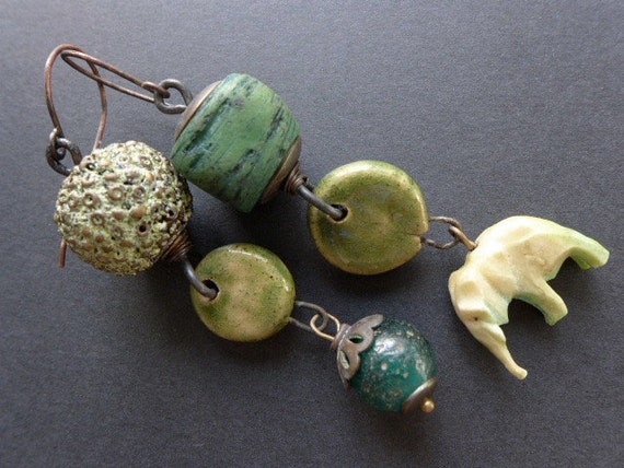 Biognosy. Green asymmetrical rustic assemblage earrings.