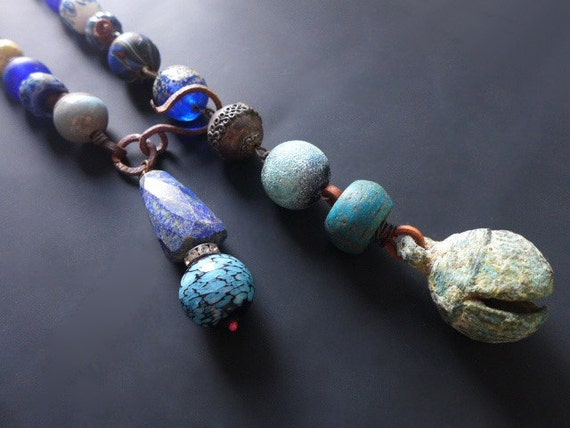 Thalassic. Large chunky rustic assemblage lariat necklace in blues and greens.