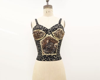 Vintage Corset Top 80s Crop Top 1980s Bra Top Leopard Print 80s Wear Wolfin Gold Black Bustier Hand Painted Upcycled Bra Animal Print m 38 B