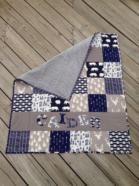Navy Blue Modern Personalized Baby Quilt by MickeysCreations