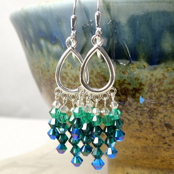 Emerald Green Chandelier Earrings Swarovski Crystal Sterling