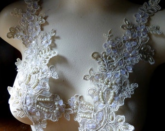 Gold Appliques Champagne Beaded Lace Pair for Lyrical, Ballet, Ballroom, Bridal, Headbands, Sashes, Costumes PR 96