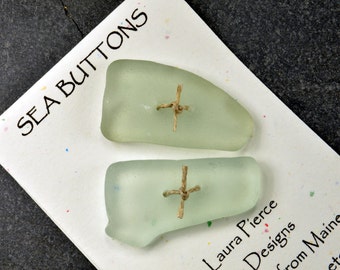 Two large glowing sea foam green genuine Maine sea glass buttons eco friendly accent for sweaters shawls jackets and jewelry craft