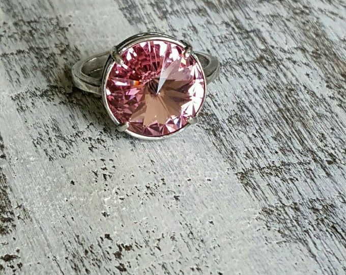 Adjustable Crystal Ring Pink Swarovski Crystal Ring Sterling Birthstone Minimalist Ring Sterling Silver Swarovski Cocktail Gift Bride Mom