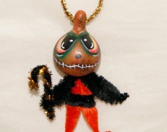 Gourd Ornament OOAK Orange Jol Haunted Halloween Folk Art Ornaments (A 33)