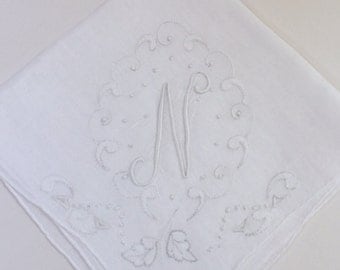Vintage White Hanky with a White Initial N - Handkerchief Hankie