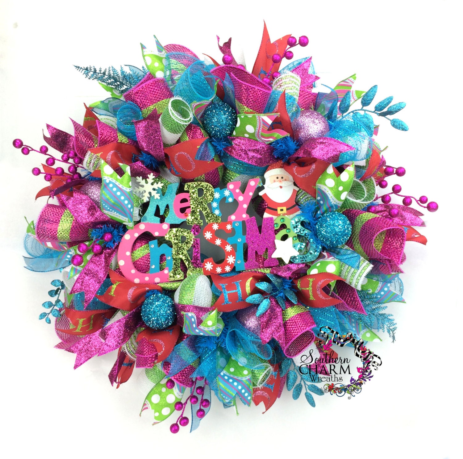 Whimsical Christmas Wreath in Turquoise Hot Pink Lime Green w