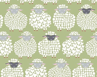 Wool Ewe Be Mine Sheep Fabric- Cotton By the Yard- Sheepish Grin - Moss