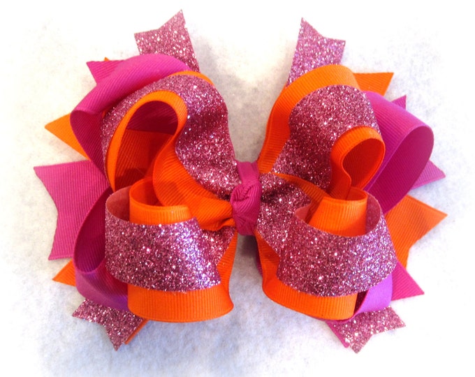 Large 6 Inch Boutique Hairbow, Triple Layered Bow, Texas Size Hair Bow, Pink Glitter Hairbow, Orange, Pageant Bow, Large Bow, Glitzy Glow gl