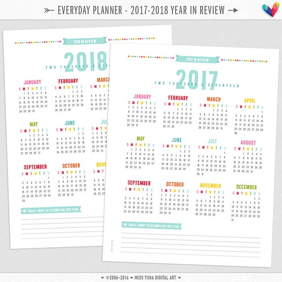 2017-2018 Year in Review Calendars Everyday Planner Pages