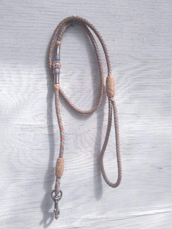 Braided Kangaroo Leather Dog Show Lead Dove Grey/Natural
