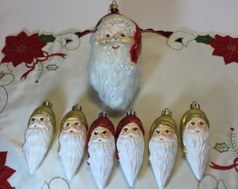 Set of 7 Vintage Glittery Glass Santa Head Christmas Ornaments