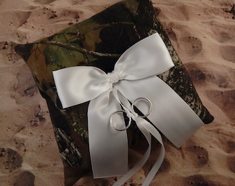 Camo Camouflage Green Brown White Bow Wedding Ring Bearer Pillow