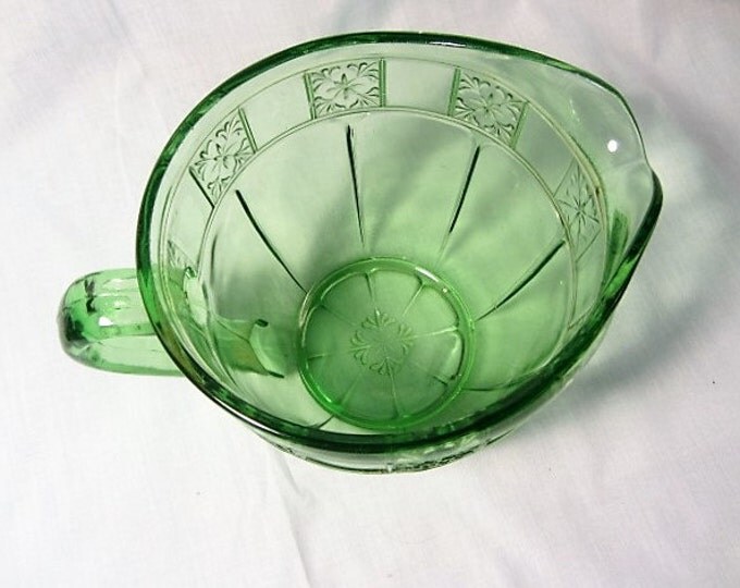 Green Glass Depression Glass Fat Pitcher, 5 inch Green Pitche, Vaseline Glass Pitcher, Green Glass Floral Pattern Pitcher, FREE SHIPPING